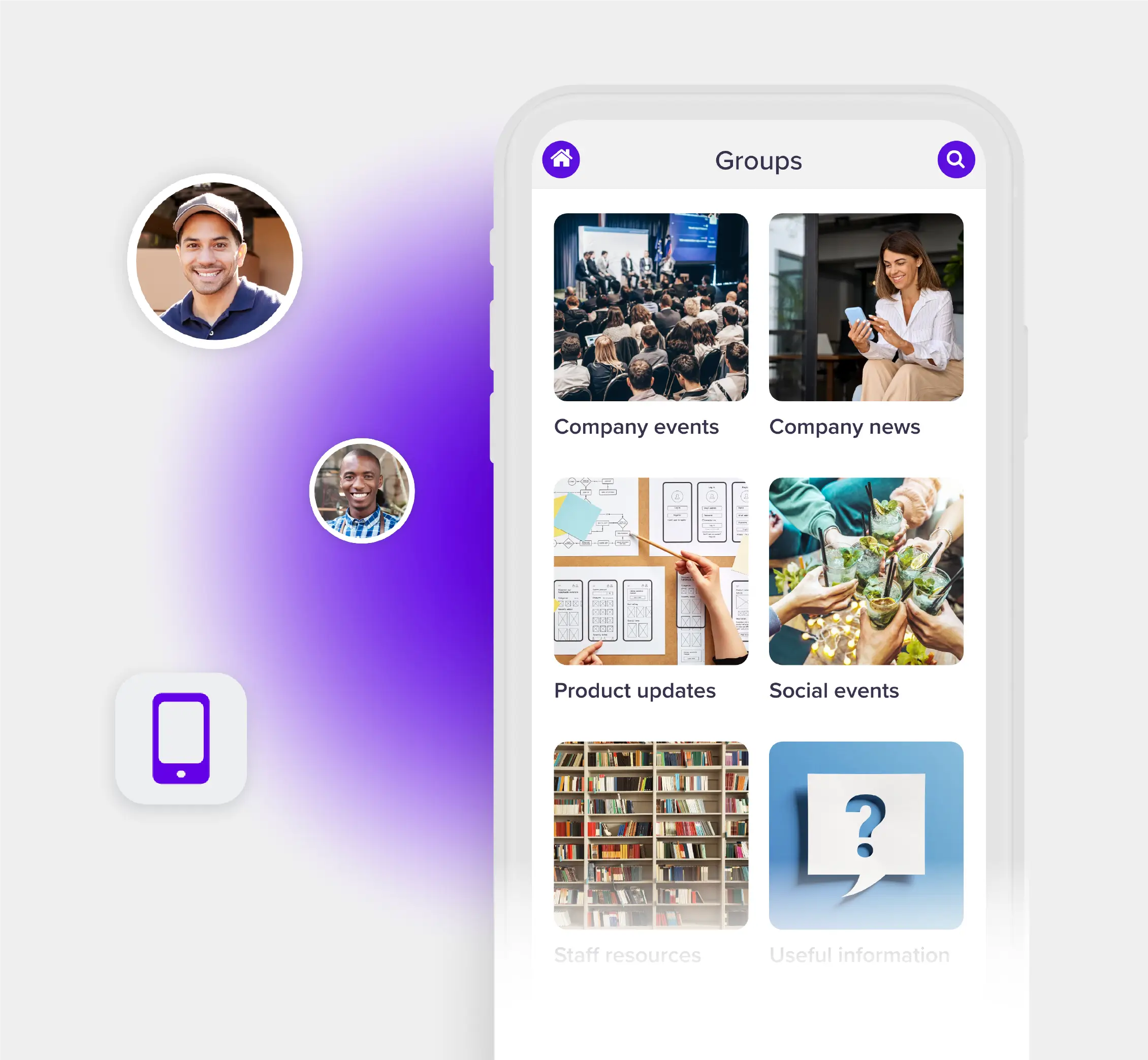 Juggl Connect groups on mobile device with icons